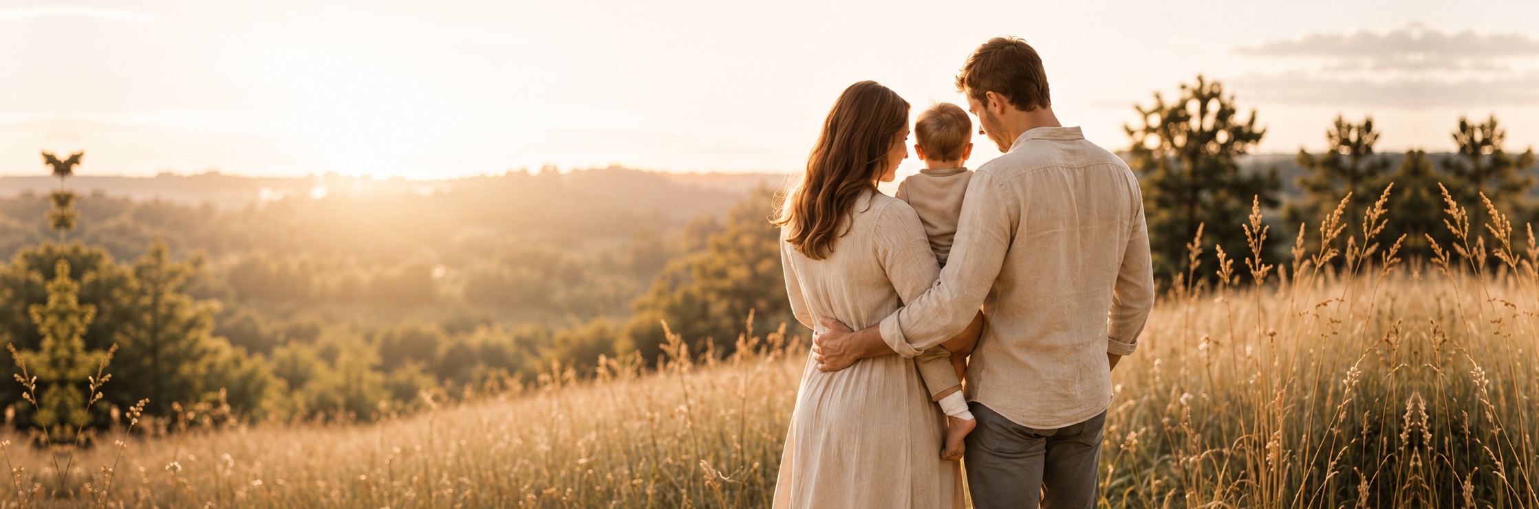 Familie mit Kind im Weizenfeld bei goldenem Abendlicht