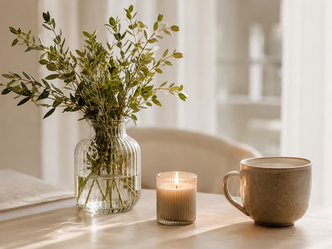 Kerze und Vase mit Zweigen auf einem Holztisch